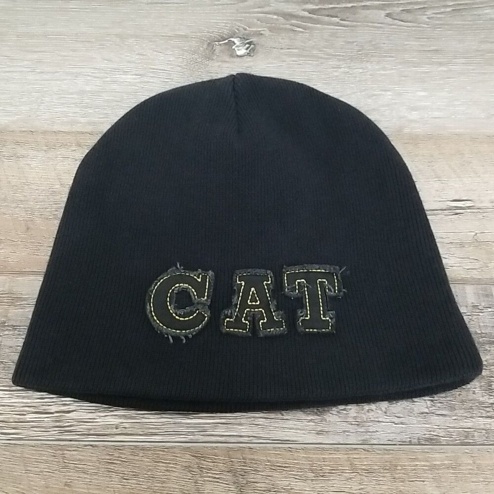 Vtg Caterpillar Label Cuff Beanie Distressed CAT Embroidered Black Hat Osfm Rare